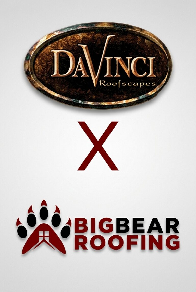 DaVinci Roofscapes and Big Bear Roofing logos placed vertically with an X, representing Big Bear Roofing as St. Louis' certified installer for DaVinci composite slate and shake roofs.